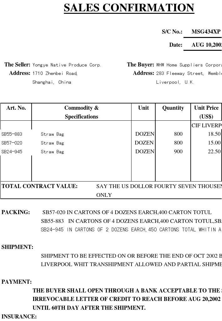 Textile Shipment Invoice